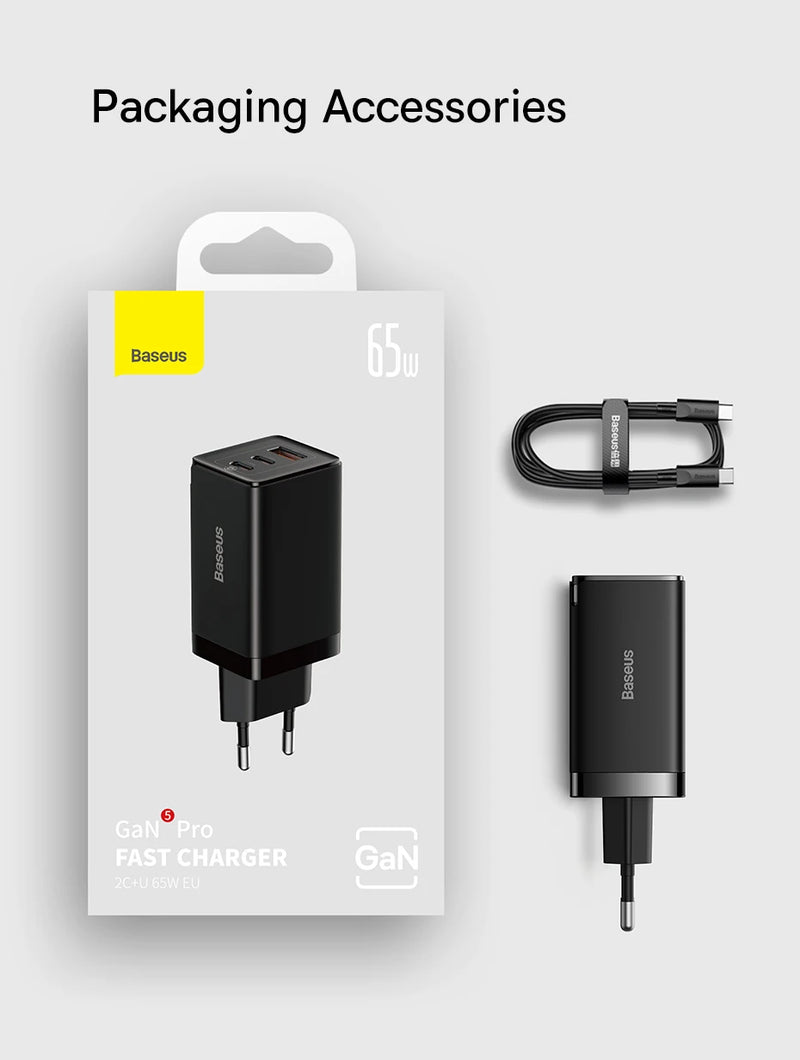 Quick Charger 65W 2 USB-C, USB With 100W USB-C Cable Gift