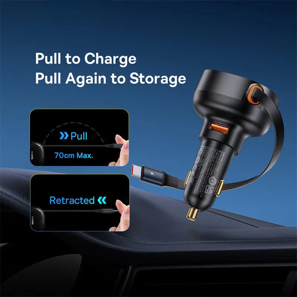 Car Charger 2 in 1 30W 25W For MacBook Samsung Xiaomi Cable for iPhone USB C Cable for IP/Type-C  Charging Retractable