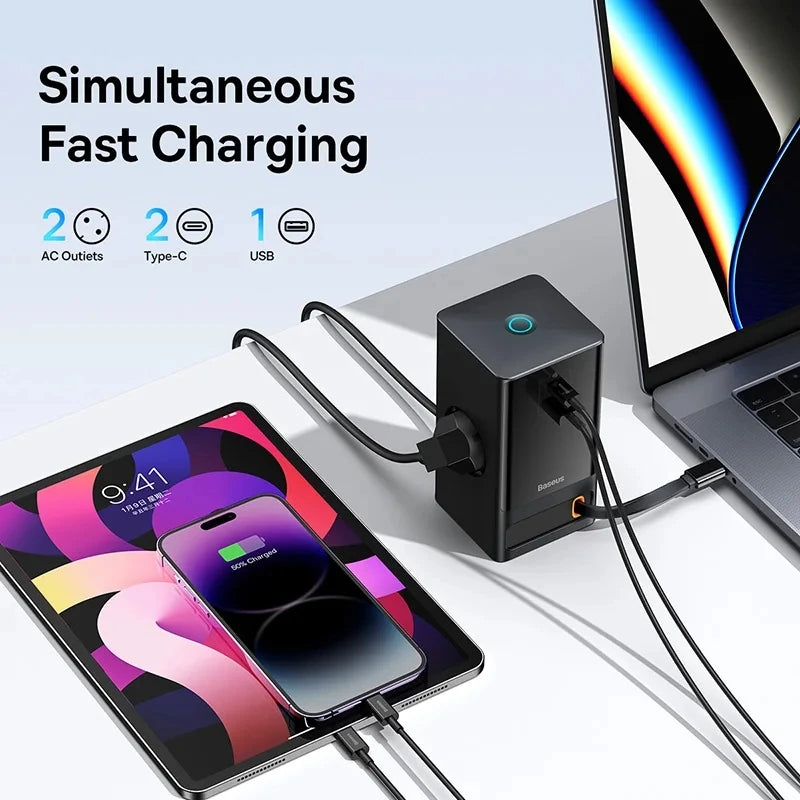 Baseus 65W GaN Fast Desktop Charger Digital Power Strip Touch Control 3AC Sockets APP Remote Control For iPhone15 Samsung Tablet